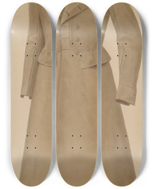 Triptych art skateboard deck of Alvin Shiren Mans Topcoat by Alvin Shiren