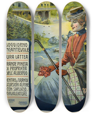 Triptych art skateboard deck of Leonida Edel Albergo Ardesio by Leonida Edel (1864-1940)