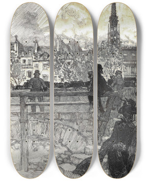 Triptych art skateboard deck of Auguste Louis Lepre Quai Des Grands Augustins Paris by Auguste Louis Lepere (1849-1918)