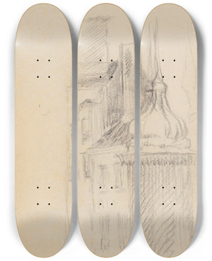 Triptych art skateboard deck of James Ensor Houses And Pear Shaped Turret by James Ensor (1860-1949)