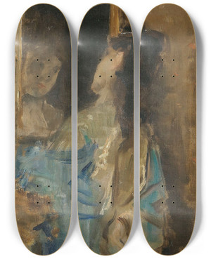 Triptych art skateboard deck of Alfred Stevens Girl In Blue Looking In A Mirror by Alfred Stevens (1817-1875)