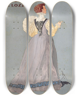 Triptych art skateboard deck of Pipein Gamba Dolma Corista by Pipein Gamba (1868-1954)