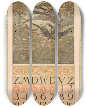 Triptych art skateboard deck of Theo Van Hoytema Kalenderblad Oktober Met Vliegende Eenden by Theo Van Hoytema (1863-1917)