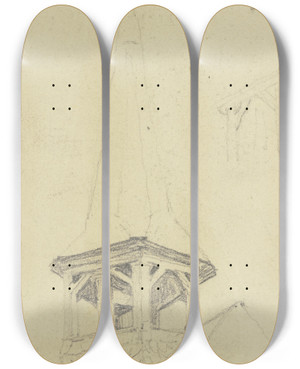Triptych art skateboard deck of Jakob Becker Ridge Turret by Jakob Becker (1810-1872)