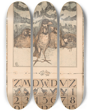 Triptych art skateboard deck of Theo Van Hoytema Kalenderblad December Met Mussen In De Sneeuw by Theo Van Hoytema (1863-1917)