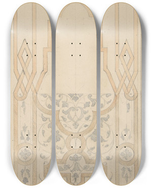 Triptych art skateboard deck of Julesedmondcharles Lachaise Design For A Panel Ornamented With Strapwork And Rinceaux by Jules-Edmond-Charles Lachaise (1897)