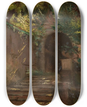 Triptych art skateboard deck of Carlaugust Lebsche Sundappled Steps by Carl-August Lebsche (1800-1877)