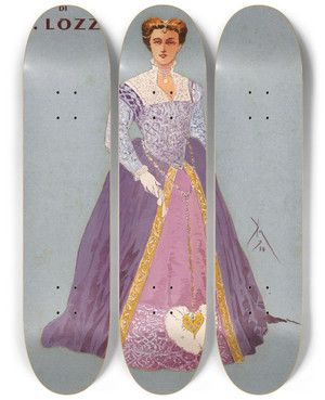 Triptych art skateboard deck of Pipein Gamba Dama Iia Comprimaria by Pipein Gamba (1868-1954)