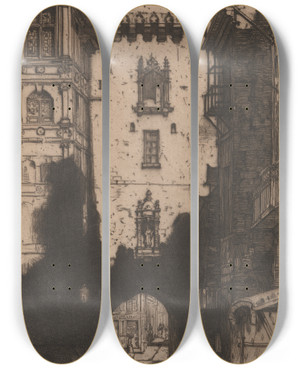 Triptych art skateboard deck of David Young Cameron Loches by David Young Cameron (1865-1945)