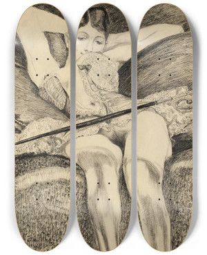 Triptych art skateboard deck of Max Klinger Junge Frau Auf Diwan by Max Klinger (1857-1920)