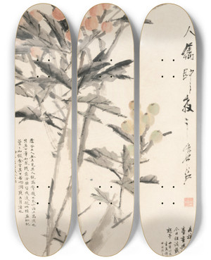 Triptych art skateboard deck of Xugu Pipa Loquats by Xugu (1823-1896)