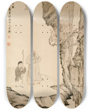 Triptych art skateboard deck of Luo Ping Scholar Watching The Waterfall by Luo Ping (1733-1799)