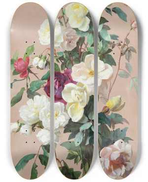 Triptych art skateboard deck of Jean Benner Still Life With Flowers_2 by Jean Benner (1836-1909)