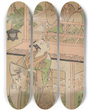 Triptych art skateboard deck of Bunch Ippitsusai Woman On Balcony And Passerby by Buncho Ippitsusai (1727-1796)