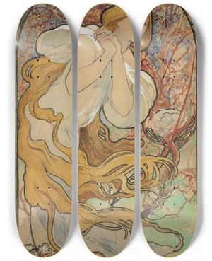 Triptych art skateboard deck of Alphonse Mucha Chocolat Mexicain by Alphonse Mucha (1860-1939)
