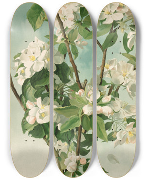 Triptych art skateboard deck of Thaddeus Welch Apple Blossoms by Thaddeus Welch (1844-1919)