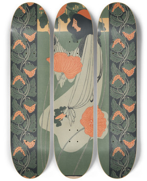 Triptych art skateboard deck of Will Bradley Whitings Ledger Papers by Will Bradley (1868-1962)