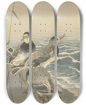 Triptych art skateboard deck of Ohara Koson Sandpipers At Sickle Moon_1 by Ohara Koson (1877-1945)