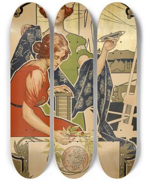 Triptych art skateboard deck of Adolfo Hohenstein Onoranze A Volta Nel Centenario Della Pila Como 1899 by Adolfo Hohenstein (1854-1928)
