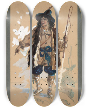 Triptych art skateboard deck of Plinio Codognato 2 Comparse by Plinio Codognato (1878-1940)