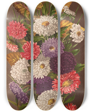 Triptych art skateboard deck of Ellen Robbins Asters by Ellen Robbins (1828-1905)