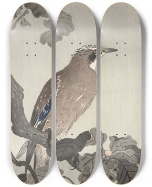 Triptych art skateboard deck of Ohara Koson Jay On Tree Branch by Ohara Koson (1877-1945)