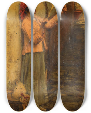Triptych art skateboard deck of John William Waterhouse A Neapolitan Flax Spinner by John William Waterhouse (1849-1917)
