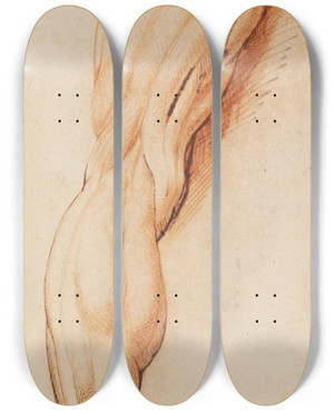 Triptych art skateboard deck of Willem Panneels Anatomical Study Corch A Mans Flayed Left Leg Seen From The Back by Willem Panneels (1600-1634)