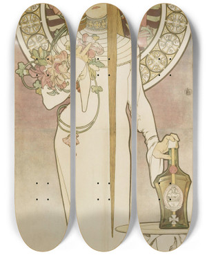 Triptych art skateboard deck of Alphonse Mucha La Trappistine by Alphonse Mucha (1860-1939)