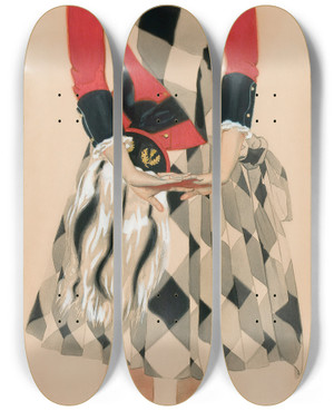 Triptych art skateboard deck of Coles Phillips Hoot Mon by Coles Phillips (1880-1927)