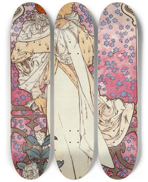 Triptych art skateboard deck of Alphonse Mucha La Dame Aux Camlias by Alphonse Mucha (1860-1939)