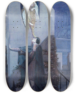 Triptych art skateboard deck of Sidney Harold Meteyard Elleas And Melisande by Sidney Harold Meteyard (1868-1947)