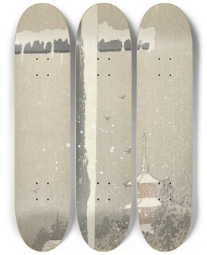 Triptych art skateboard deck of Ohara Koson Torii In The Snow by Ohara Koson (1877-1945)