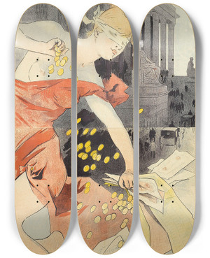 Triptych art skateboard deck of Jules Chret Gil Blas Largent by Jules Cheret (1836-1932)
