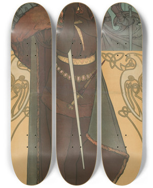 Triptych art skateboard deck of Alphonse Mucha Sarah Bernhardt As Hamlet by Alphonse Mucha (1860-1939)