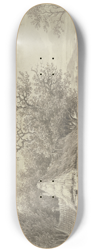 Jan Evert Grave - Bauernhaus unter Bumen an einem Weg, der mit einem Zaun eingefasst ist 8.25 inch art skate deck