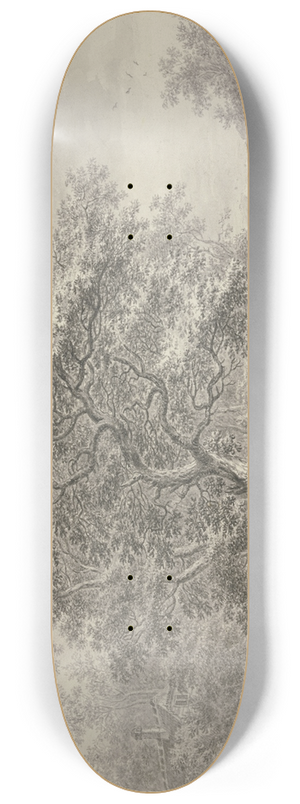 Jan Evert Grave - Waldesrand mit einem Zaun eingefasst, unter zwei groen Bumen ein Reiter und ein Fugnger 8.25 inch art skate deck