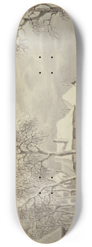 Jan Evert Grave - Winterlandschaft, ber eine Brcke bei einem Dorf fhrt ein Bauer eine Kuh 8.25 inch art skate deck