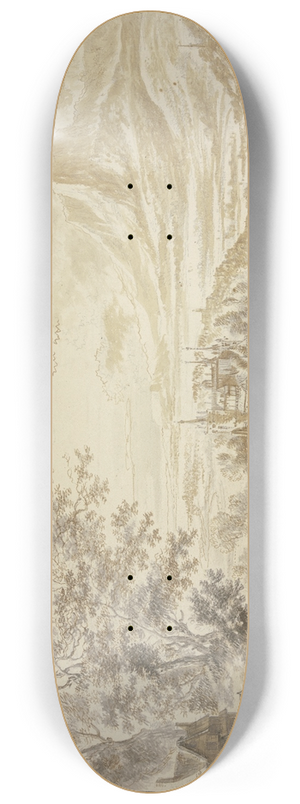 Jan Griffier - Ein Schloss an einem Fluss zwischen Bergen, links unter einer Baumgruppe ein Haus, dabei einige Figuren 8.25 inch art skate deck