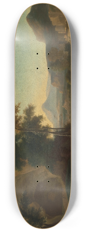Jan Hackaert - An extensive river landscape with travellers 8.25 inch art skate deck