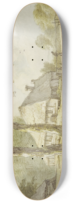 Jan Hulswit - Bei zwei Bumen ein Haus am Wasser, ein Steg, rechts die Spitze eines Kahnes 8.25 inch art skate deck