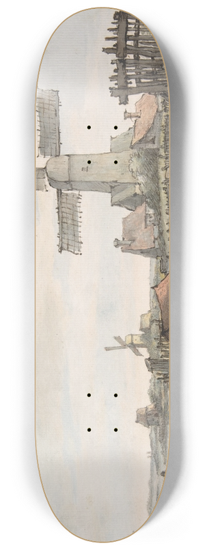 Jan Hulswit - View of a Canal with Three Windmills 8.25 inch art skate deck