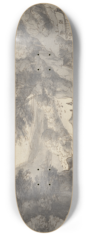 Jan van Aken - Bergige Landschaft, rechts zwei Htten, davor ein Pferd bei einem Futterkasten 8.25 inch art skate deck