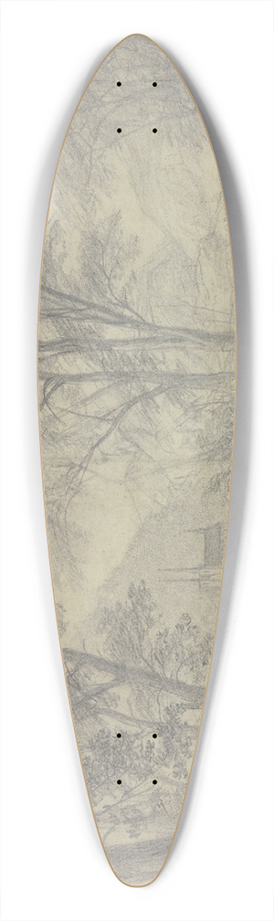 Anton Radl - Blick durch den Wald auf eine Kirche an einem Bergsee 39.3 inch art pintail longboard deck