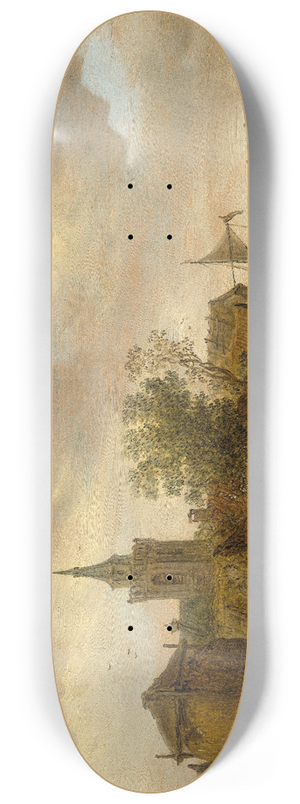 Jan van Goyen - River View with Church and Farmhouse 8.25 inch art skate deck