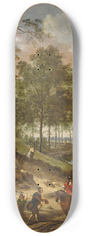 Jan Wijnants - A river landscape with elegant travelers and a beggar in a dune landscape 8.25 inch art skate deck