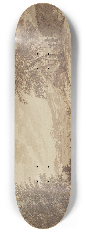 Jan Wils - Landschaft mit einem Fluss, rechts ein Felsstck unter Bumen, dabei ein Mann mit einem Knaben, der eine Lanze hlt 8.25 inch art skate deck