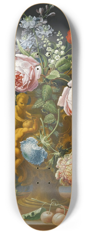 J.C. Sartori - Still life of roses and other flowers in an antique vase decorated with putti, all upon a ledge 8.25 inch art skate deck