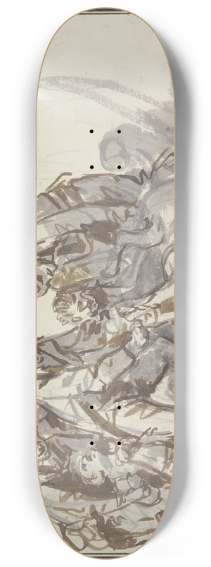 Jean-Baptiste Greuze - Figurengruppe mit zwei Mnnern, die einer am Boden liegenden toten Hirschkuh die Hufe zusammenzubinden versuchen 8.25 inch art skate deck