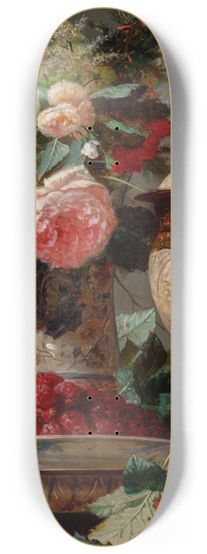 Jean-Baptiste Robie - Still life with roses and a bowl of raspberries with a silver-gilt ostrich egg cup 8.25 inch art skate deck